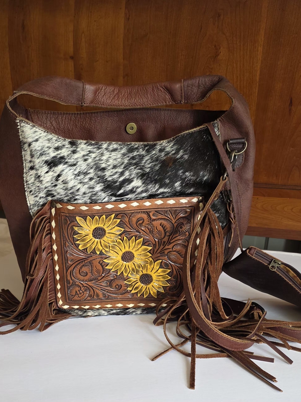 AMERICAN DARLING Western Brown Leather Fringe Tote with Sunflower Tooled Pocket